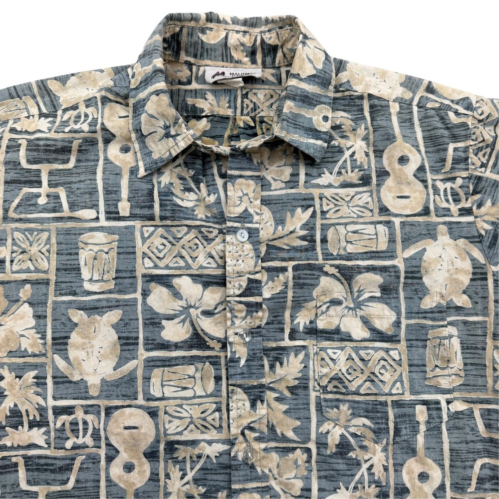 Malihini Hawaii Shirt Mens M Blue Short Sleeve Button Up Floral Hawaiian Vintage